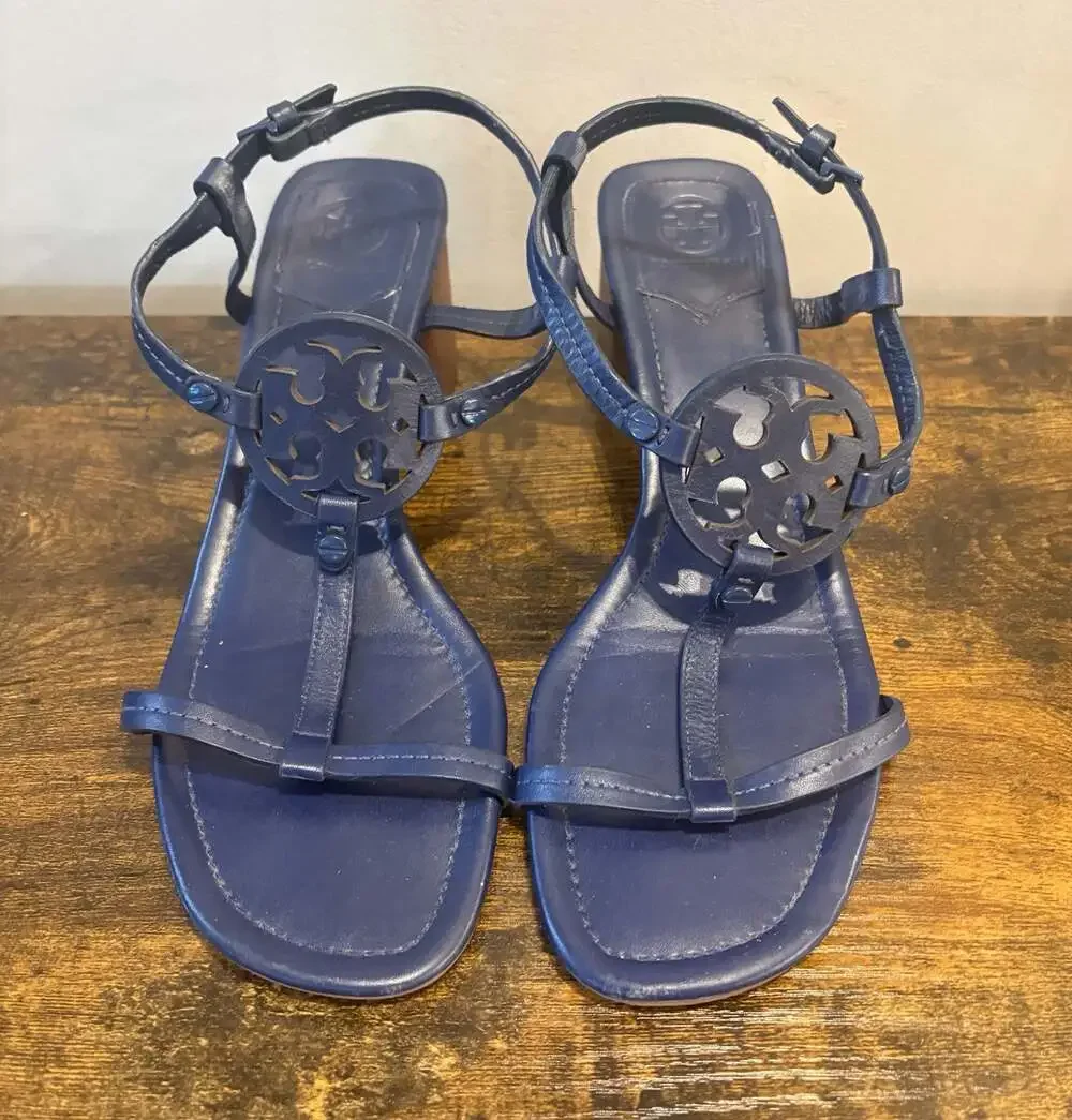 Tory Burch Miller Navy Leather Block Heel Sandals Size 10M
